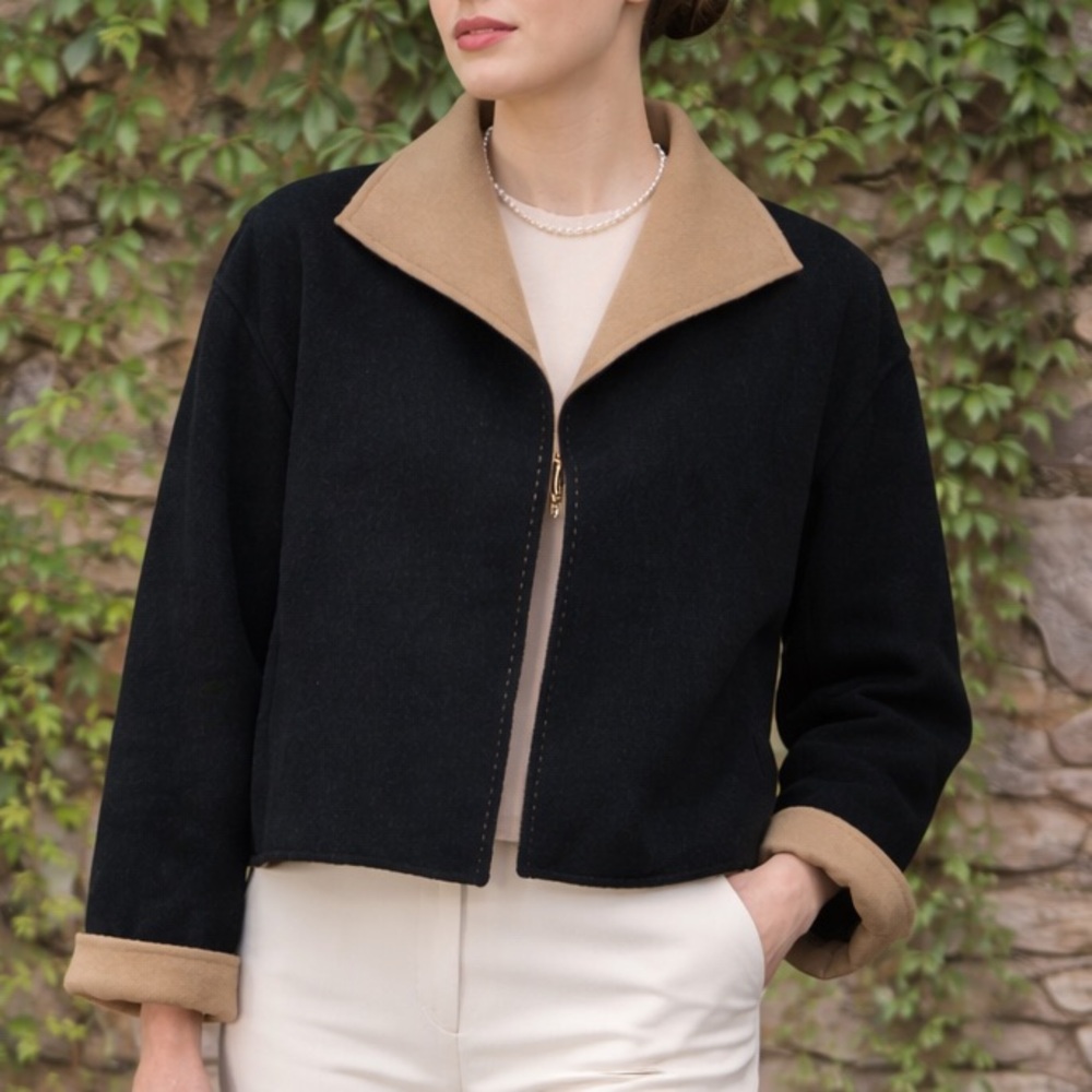 LAFAYETTE 148 Quiet Luxury Black and Tan Wool and Cashmere Cropped Jacket, M